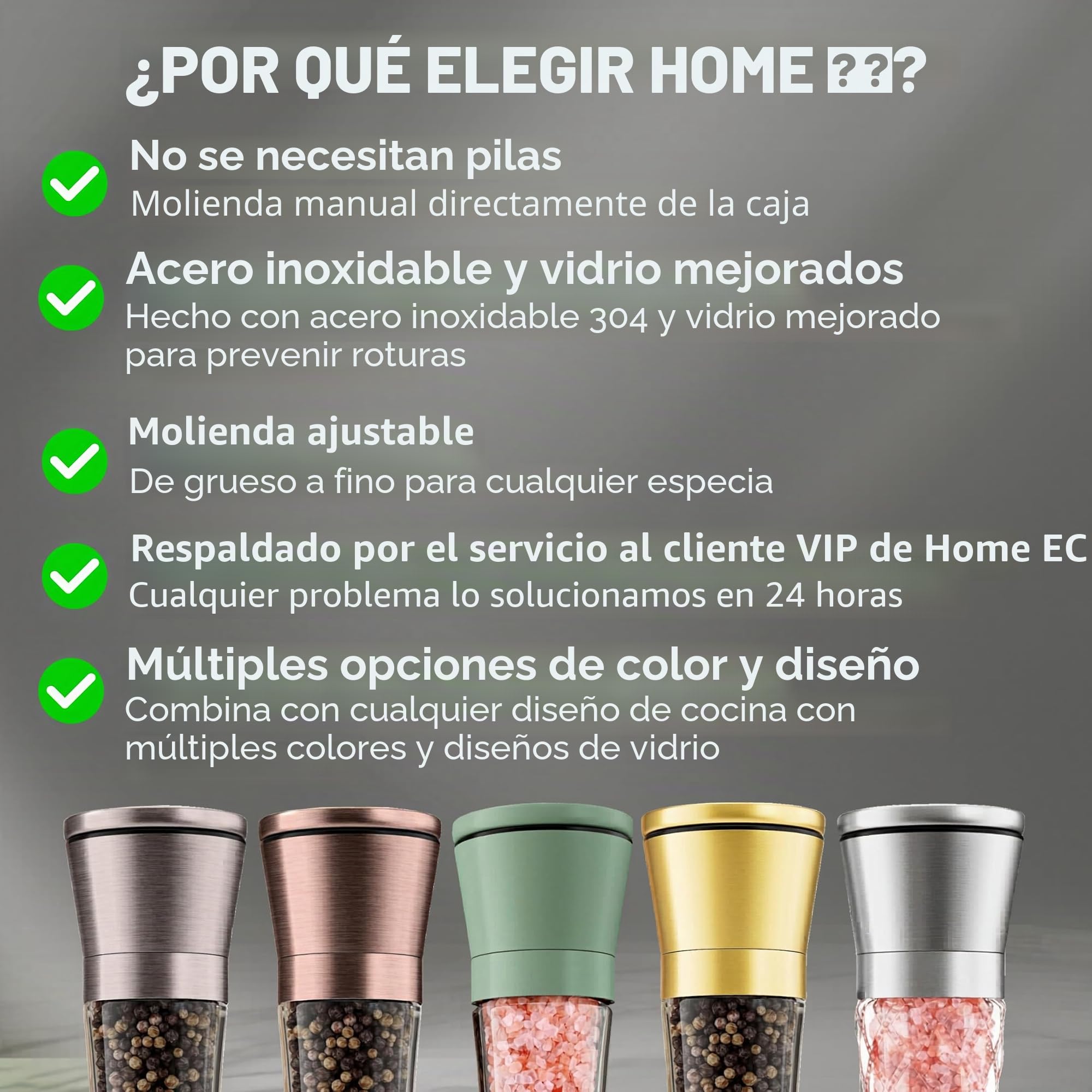 Home EC Set de Molinillo de Pimienta y Sal de Acero Inoxidable – Molinillo de Sal y Molinillo de Pimienta Manual con Moledor Cerámico Ajustable – Molinillo de Sal y Pimienta con Bote de Cristal Alto