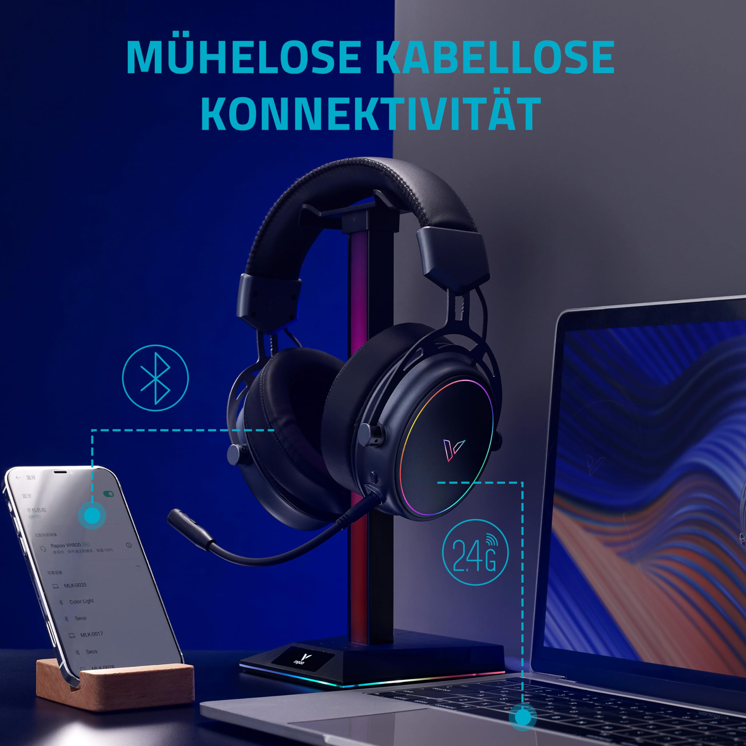 Rapoo VH800 - Cuffie wireless da gioco Over-Ear, microfono flessibile con muto, cuscinetti auricolari in ecopelle, batteria 46 ore, cuffie Bluetooth e 2,4 GHz PC/Mac/Xbox One/PS4/Nintendo Switch,
