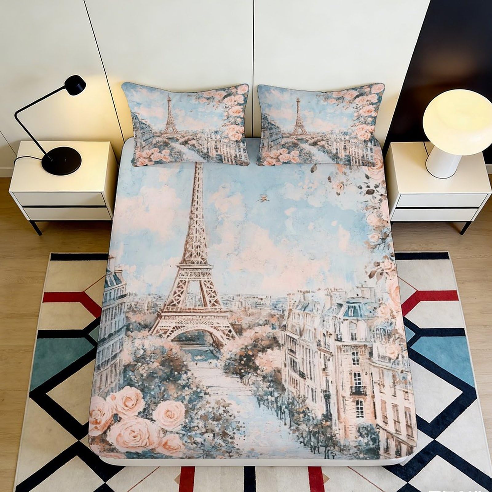 3D Printed Eiffel Tower Paris Fitted Sheet Microfiber Soft Breathable Floral Mattress Cover for Bedroom Guest Room Decor 120x200x25cm