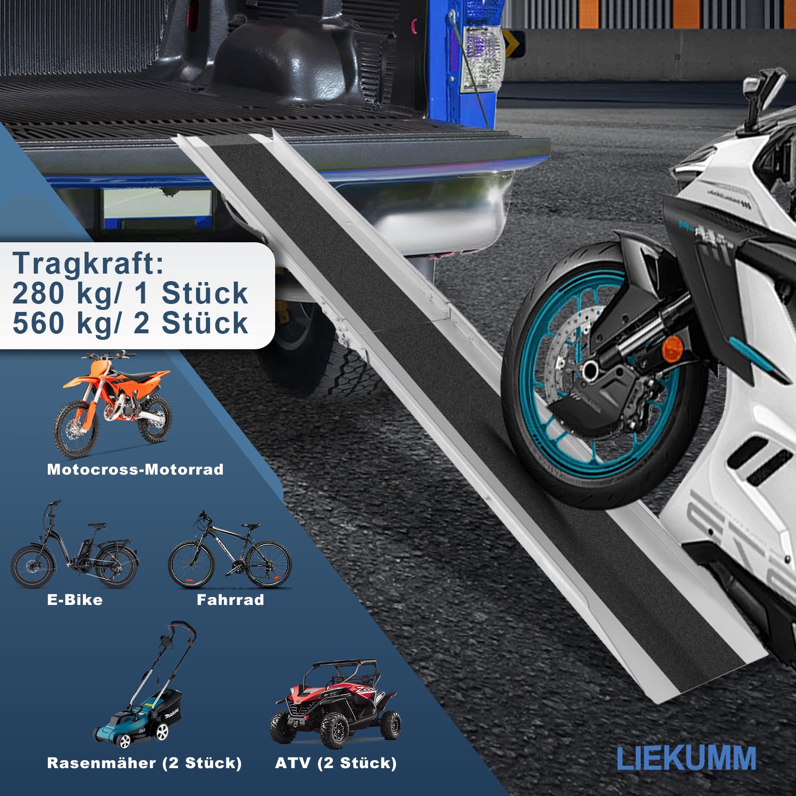 LIEKUMM Rampa di Carico Moto, 180cm Rampa pieghevole in acciaio con pellicola antiscivolo, 280KG capacità Rampa resistente per moto ATV Van Mower