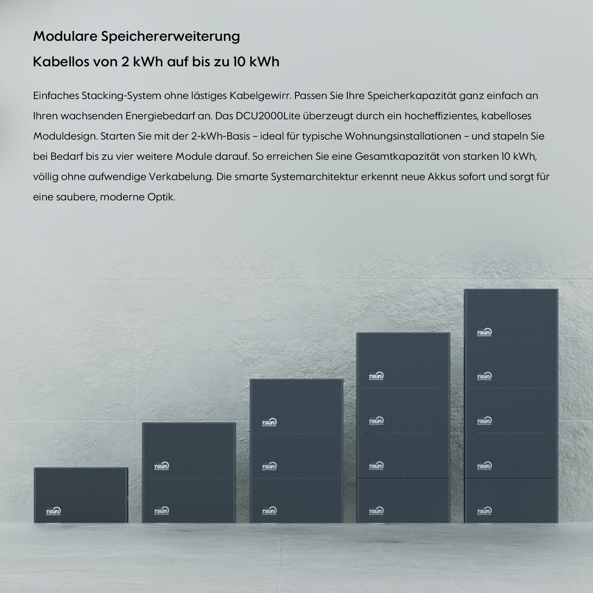 TSUN DCU2000Lite 2 kWh, Balkonkraftwerk Speicher mit 2400W PV-Eingang, 314Ah Industrie-Zellen, 10.000 Ladezyklen, 2 MPPT für bis zu 4 Solarpanels, bis zu 10 kWh Kapazität, IP65, Plug & Play (0 MwSt.)