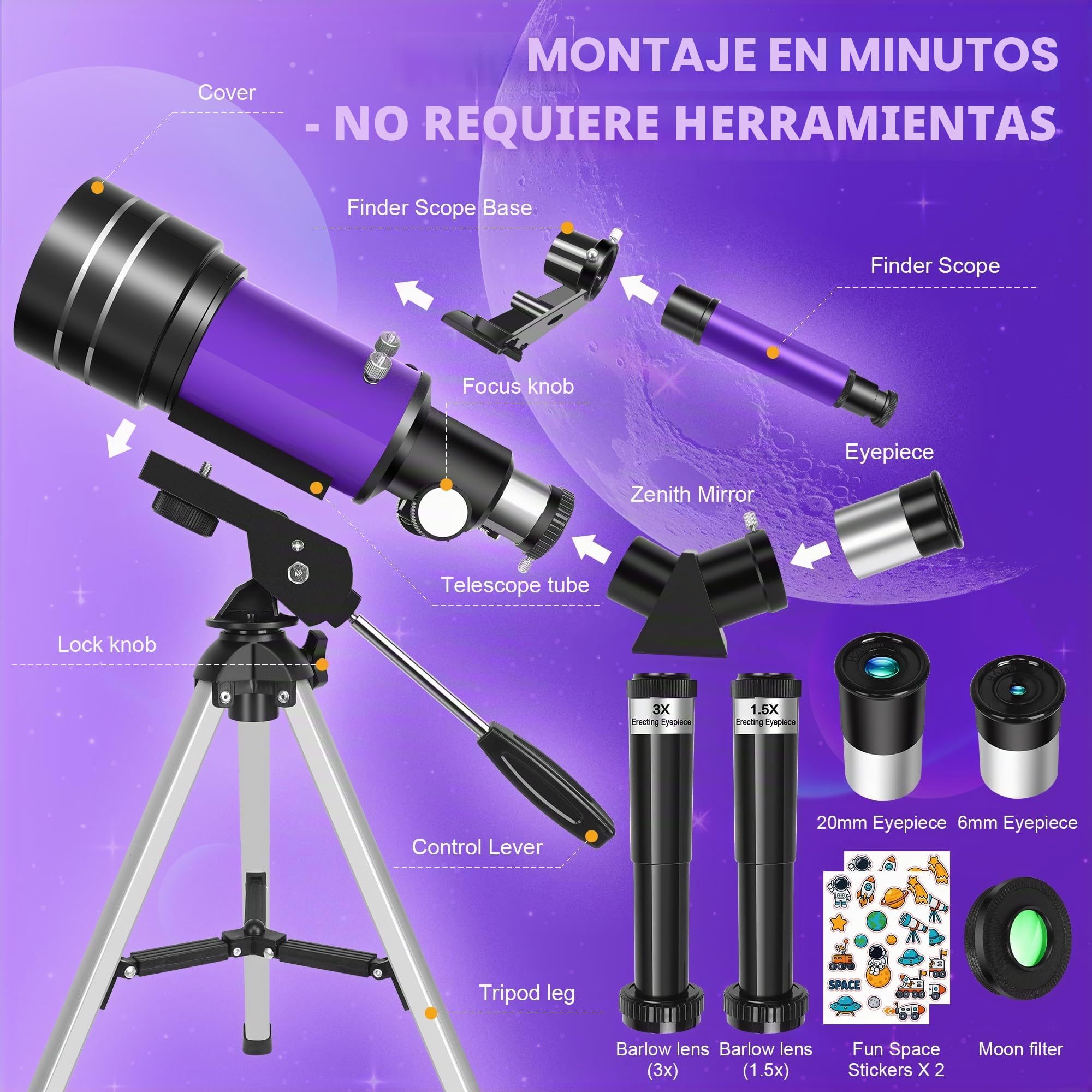 Telescopio Astronómico para Niños, 70 mm Apertura 300 mm (22,5X - 150X) Portatil Refractor Telescopio para Adultos y Principiantes con Trípode y Filtro Lunar para Observar la Luna y Paisajes