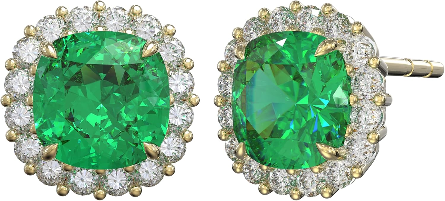 925 Sterling Silver 2.40Cttw 6.0MM Cushion-Cut Created Tsavorite-Colored Garnet and Moissanite Stud Earrings丨January Birthstone丨Classic Halo Style丨Graceful Fine Jewelry Gift for Anniversary Wedding Her Mom Women Wife