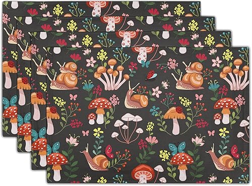 Giwawa Juego de 4 manteles individuales con estampado de hongos y caracol, estampado de flores silvestres y hongos del bosque, manteles individuales