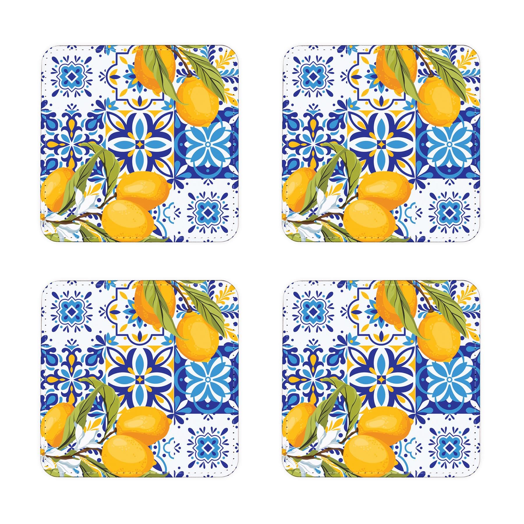 Apple Blossoms Faux Leather Coasters - Wipeable Table Decor, Set of 4