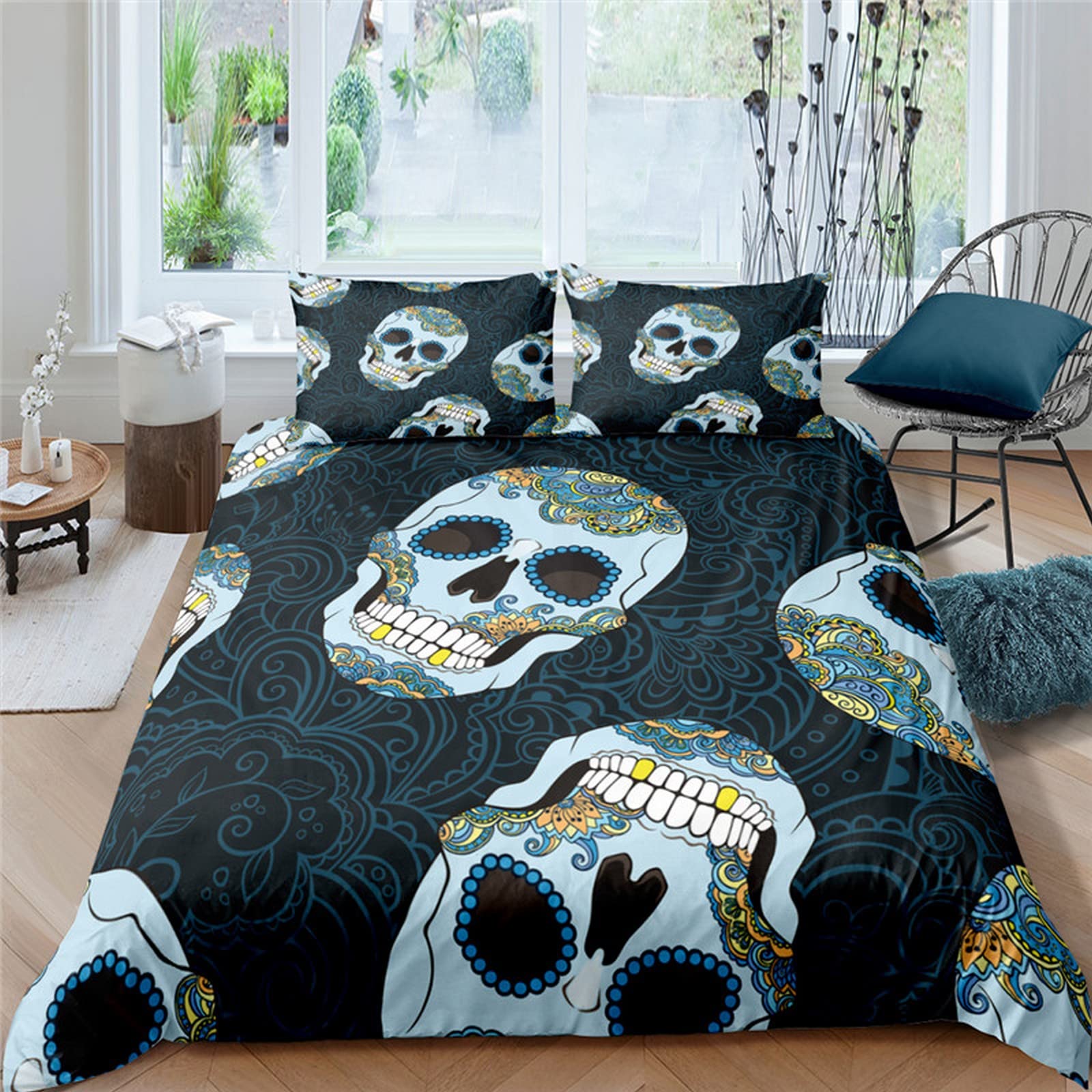 Skelet Heks Dekbedovertrek Set, Schedel Duivel Print Beddengoed Dekbedovertrek Set Voor Tieners Slaapkamer Jongens Meisjes Kinderen Kind Halloween Thema Sprei Dekbedovertrek Decor 3 Stuks King Size