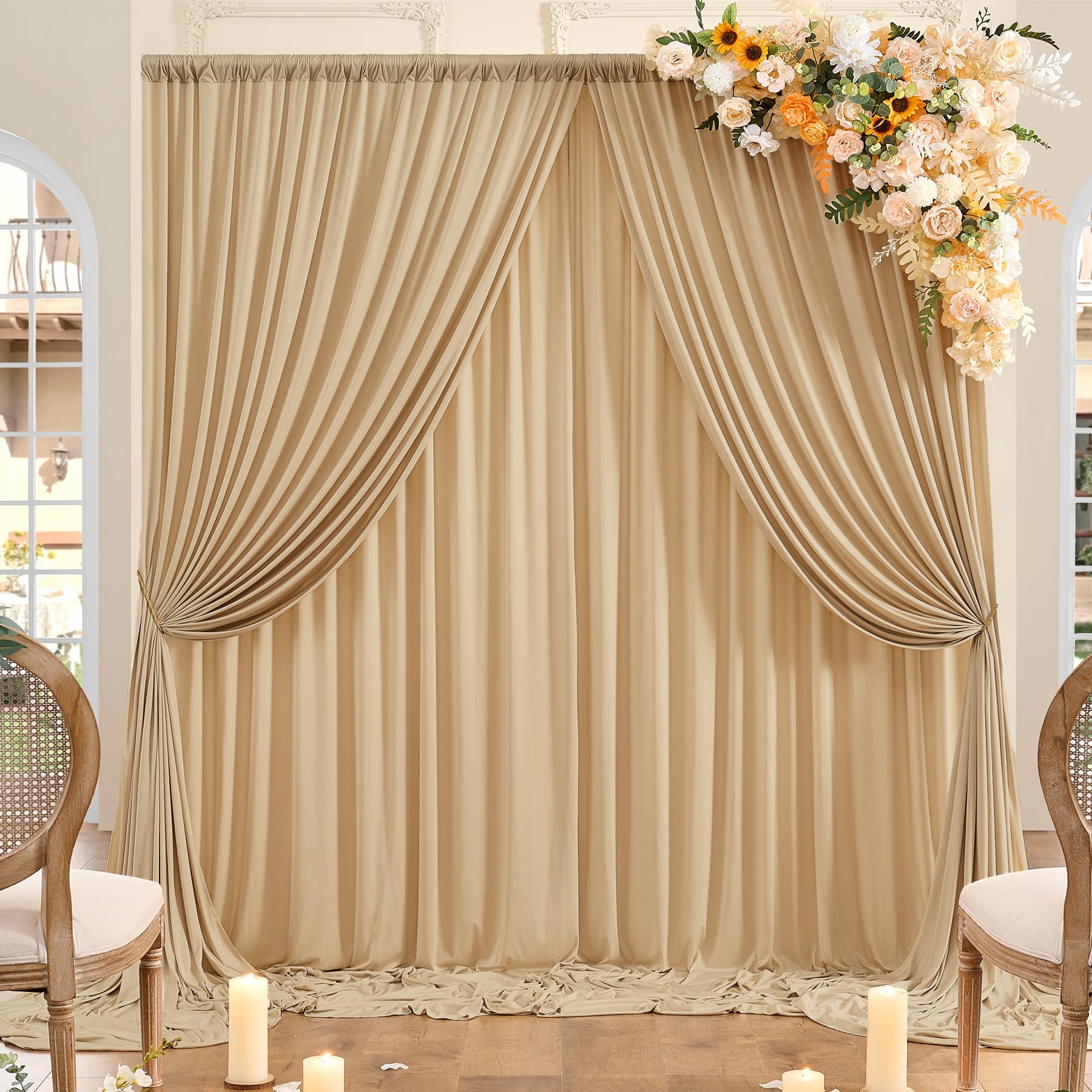20ft x 10ft Wrinkle Free Beige Backdrop Curtains for Parties, 4 Panels 5x10ft Thick Nylon and Polyester Photo Backdrop Drapes for Wedding Birthday