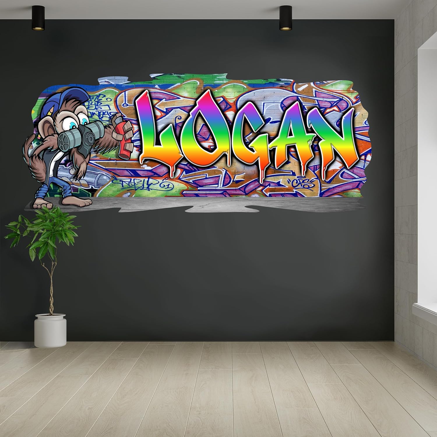 Personalized Graffiti Name Wall Decal – Custom 3D Cartoon Monkey Artist Removable Vinyl Street Art Mural Sticker for Bedroom, Game Room, or Office Decor (AKC33.3-M)