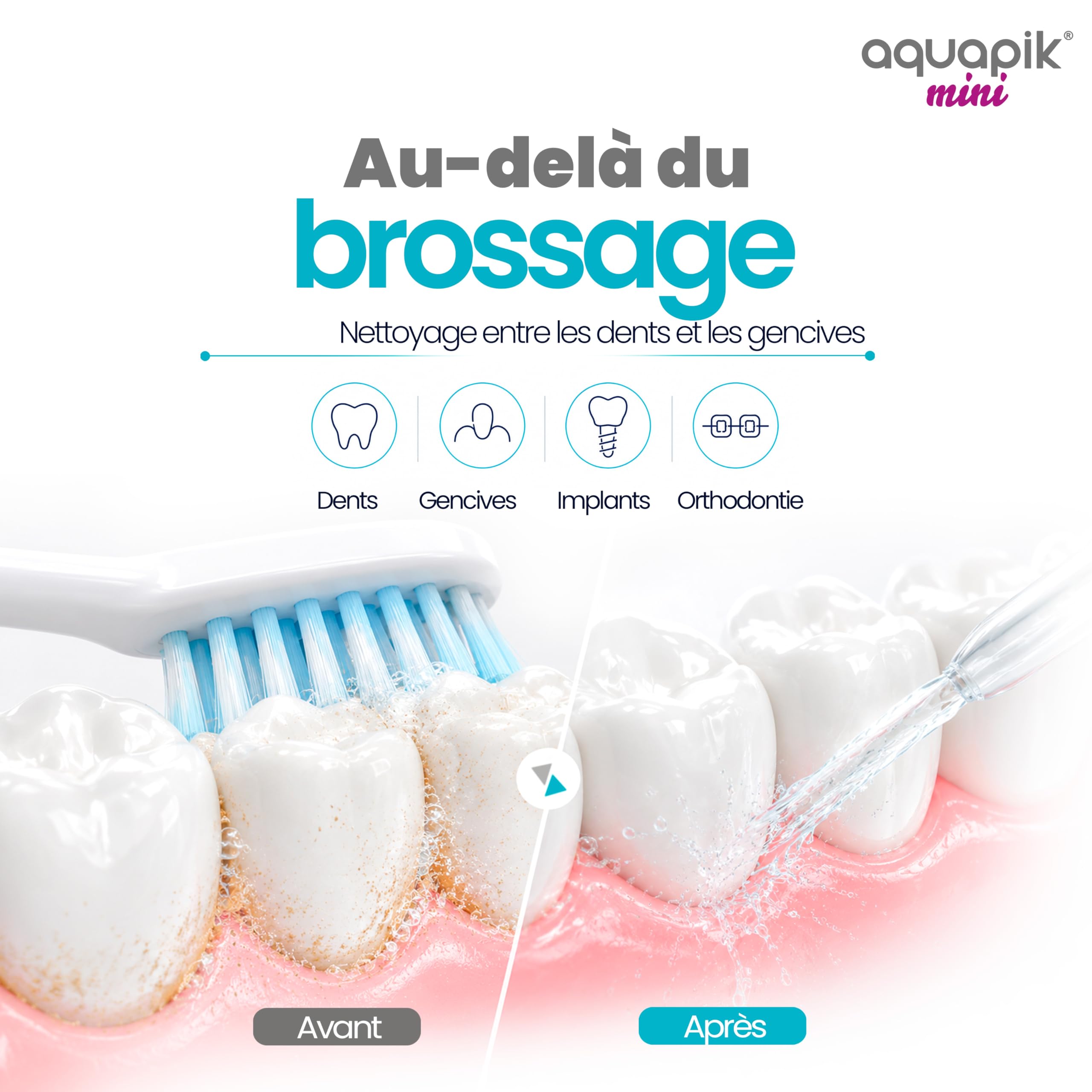 Aquapik® Mini Hydropulseur Dentaire Portable 200 ml, réservoir télescopique, rechargeable USB-C, 3 modes de pression, étanche IPX8, idéal pour les voyages et le bureau, nettoyage dentaire profond.