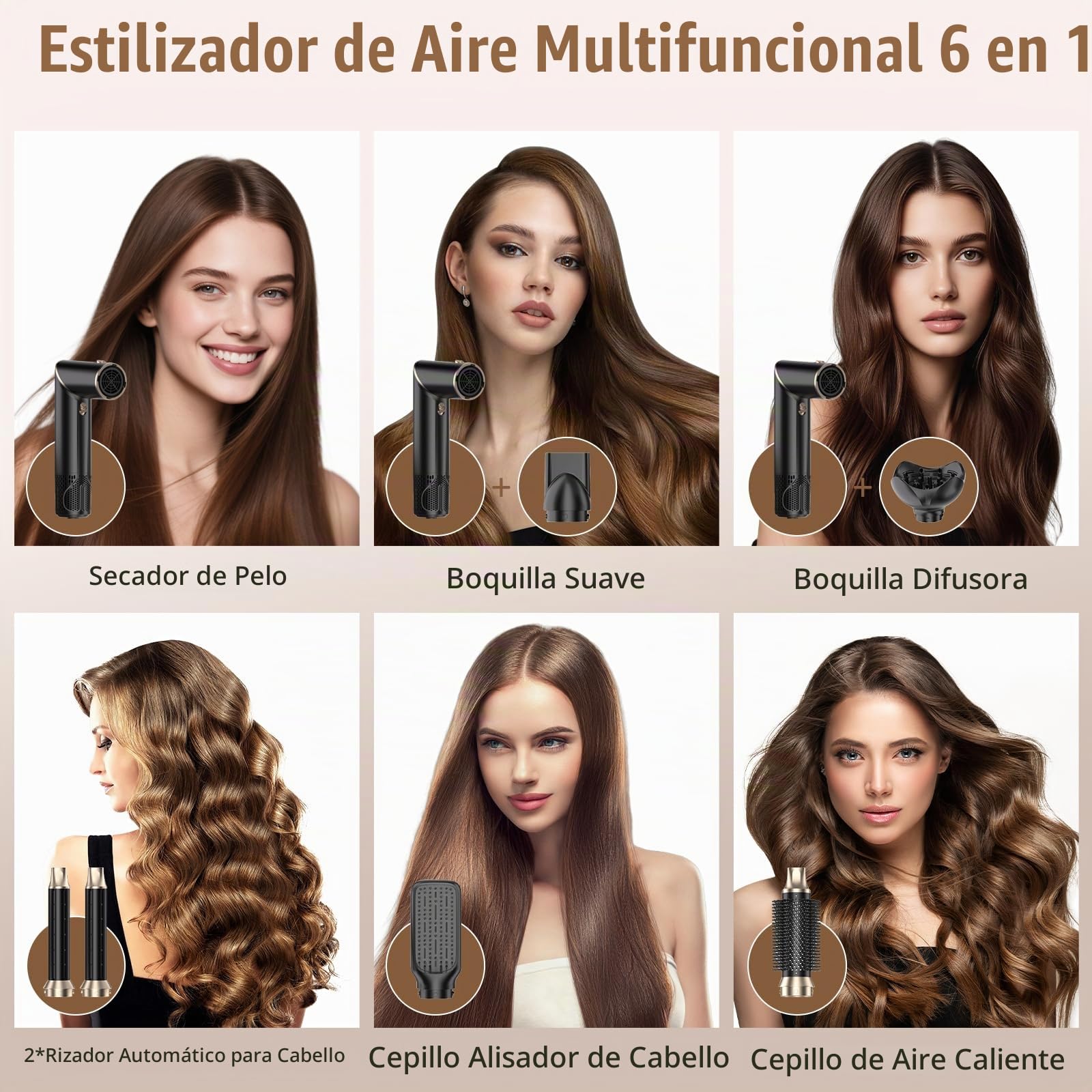 Cepillo de Aire 1000W, Cepillo Secador de Pelo, Secador de Pelo Iones Negativo, Cepillo Alisador, 2 Rizador, Voluminizador, Moldeador de Pelo con 3 Temperaturas, para Seca Alisa Volumen