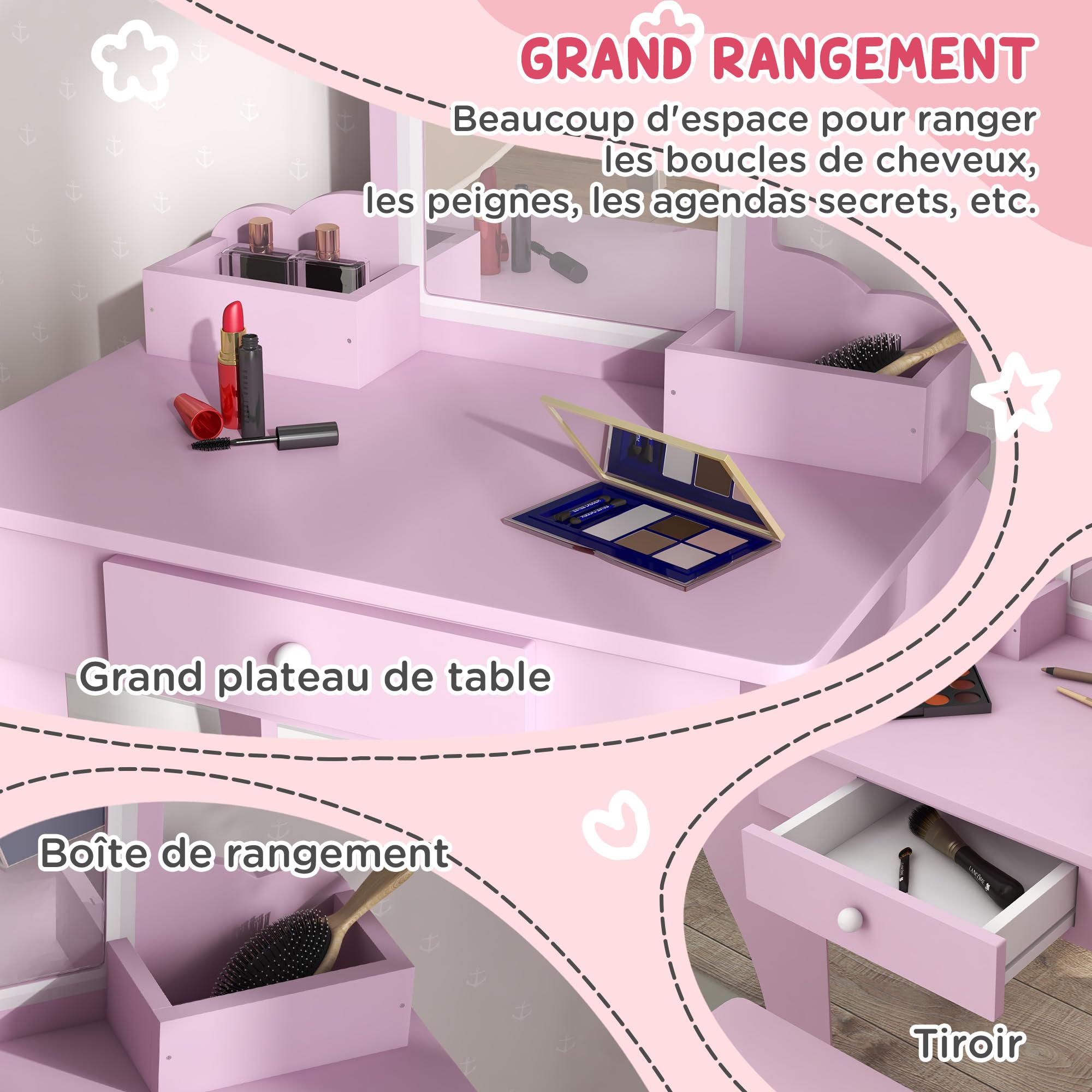 ZONEKIZ Coiffeuse pour Enfant avec Tabouret et Miroir, Petite Table de Maquillage avec tiroir et 2 Compartiments Ouverts, pour Fille de 3-6 Ans, Rose