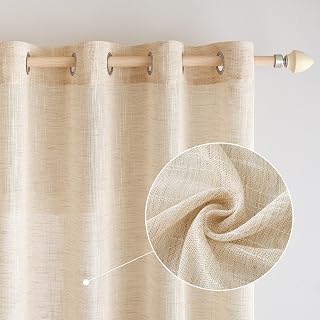 EMEMA Leinen Gardinen Vorhang mit Ösen Wohnzimmer Modern Leinenvorhang Vorhänge Leinenoptik Kinderzimmer Gardine Küche Schlafzimmer 2er Set 140x215cm (B x H) Hellbeige