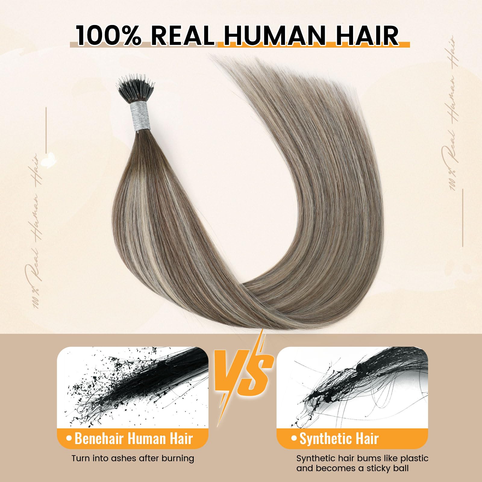 Yuniffe Nano Real Human Hair Rooted Brown Fading to Ash Brown Mixed with Medium Blonde Nano Ring Hair Extensions Remy Straight Nano Beads Natural Long 20 Inch 50g/50s - Image 2