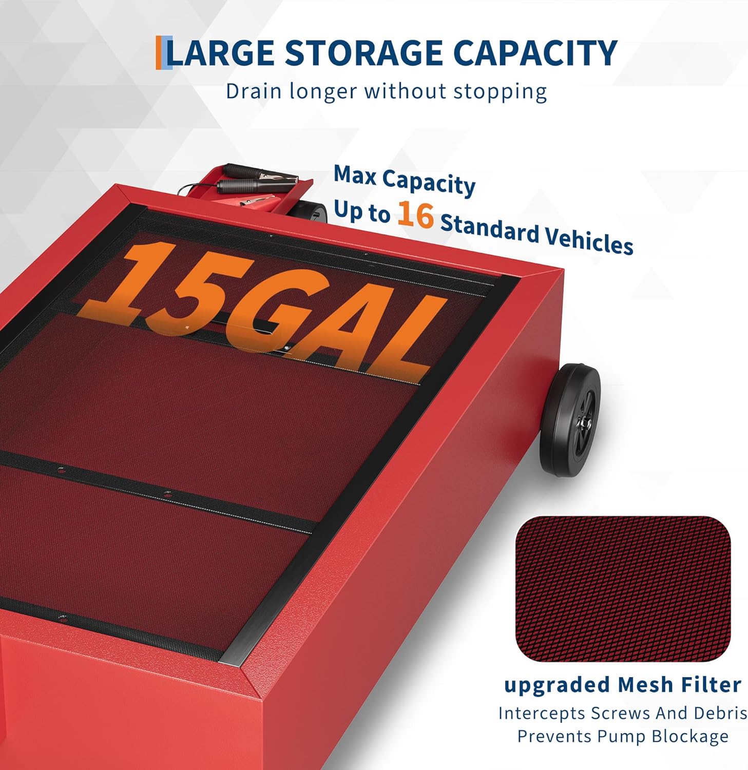 Garvee 15-Gallon Low-Profile Oil Pan with Electric Pump, 6.5-Foot Hose, and Lockable Casters - Leak-Proof and Rust-Resistant - Suitable for Cars, SUVs, Trucks, Motorcycles, and ATVs - Red