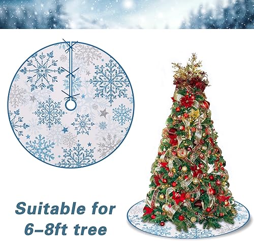 Miniatura 7 de Fzbali Faldón de árbol de Navidad de 48 pulgadas, falda de árbol artificial grande de invierno nevado azul y blanco para decoración del hogar de