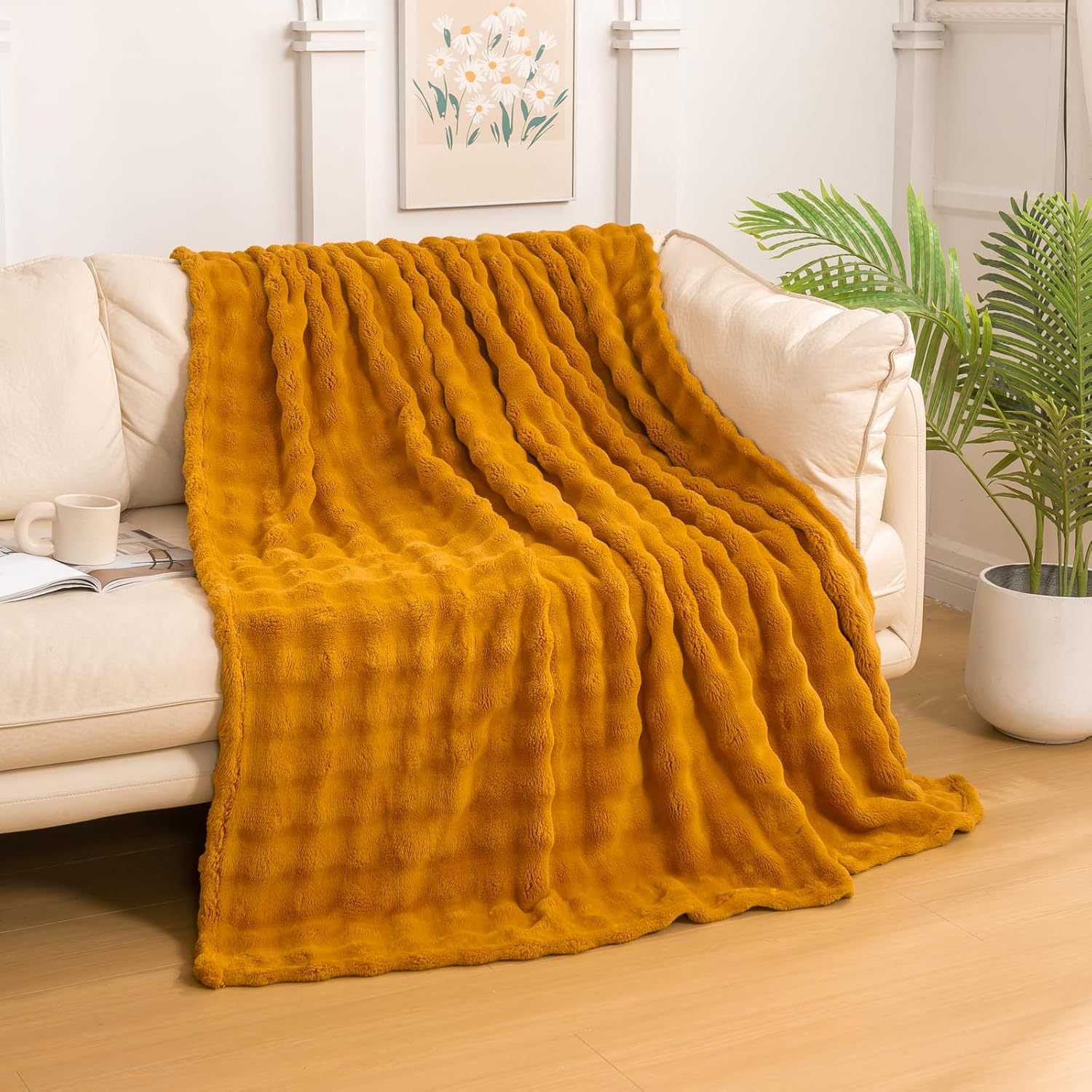 YUSOKI Luxury 3D Bubble Light Weighted Throw Blanket 1.8lb,All Ages,Home Decoration, (Gold,50 * 60inches)
