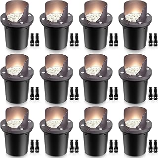 SUNVIE 12 Pack Low Voltage Landscape Lighting 12W LED Outdoor In-Ground Waterproof Shielded Well Lights Warm White Paver Lights with Wire Connectors for Pathway Garden Yard Fence Deck