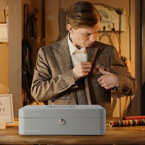 Miniatura 6 de Volcora Caja de Efectivo Grande con Cerradura de Llave, Caja de Dinero de Metal para Efectivo, Caja Fuerte Portátil con Cerradura y Bandeja de