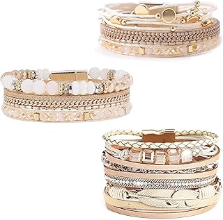 Leather Wrap Bracelet Set 3Pack Wrist Cuff Bracelet for Women Girls Multilayer Magnetic Clasp Bracelet Feather Tree Bead Crystal Bracelet
