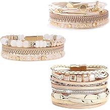 Leather Wrap Bracelet Set 3Pack Wrist Cuff Bracelet for Women Multilayer Magnetic Clasp Bracelet Feather Tree Bead Crystal Bracelet