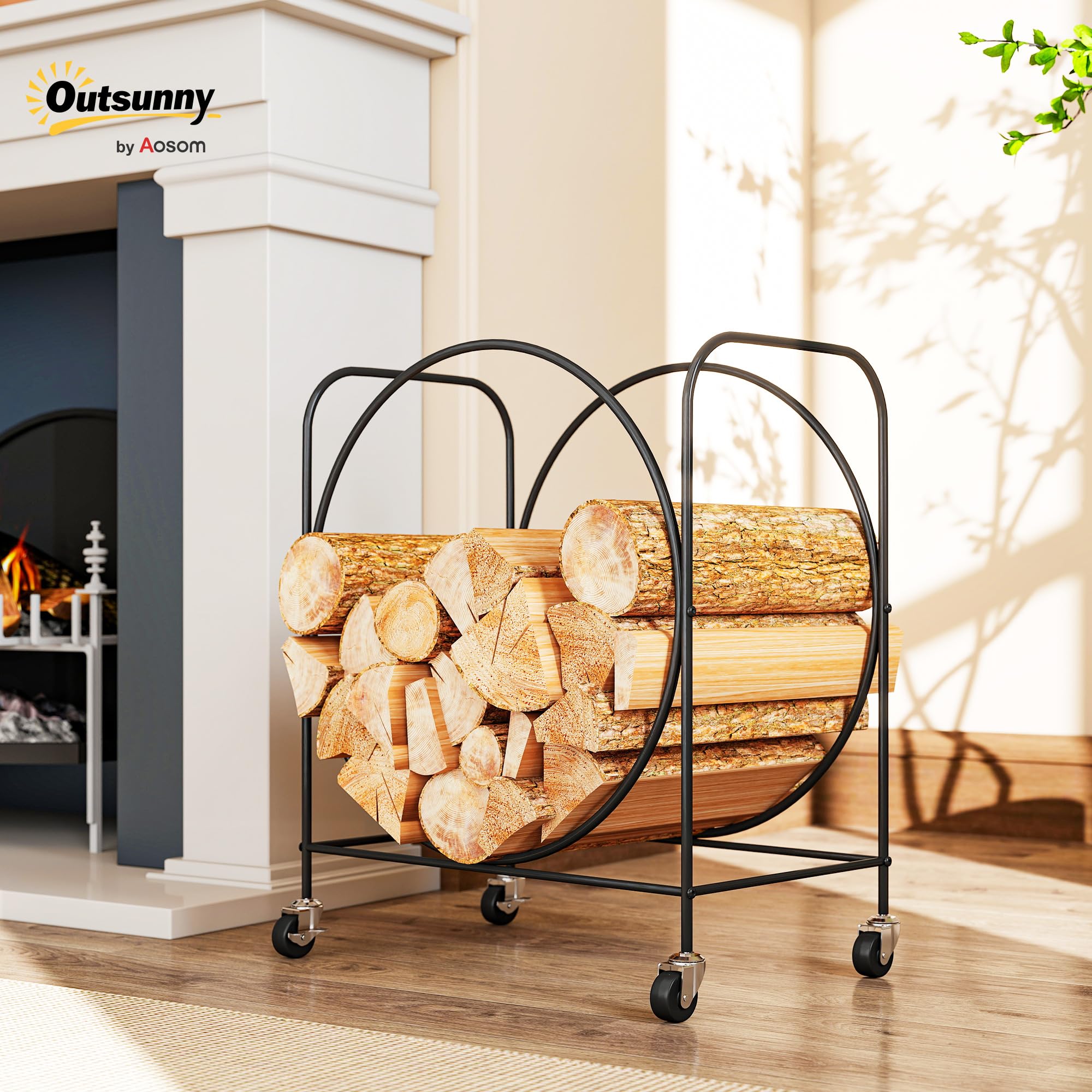 Outsunny Estante de Leña de Metal con Ruedas, Leñero Exterior e Interior, Soporte para Leña de Chimenea, Almacenamiento para Madera, 51x30x60 cm, Negro