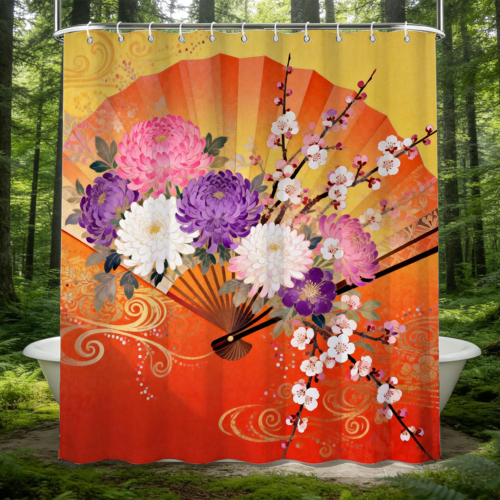 Hongduo 3D Japanese Folding Fan Shower Curtain for Stalls Bathtubs Oriental Style Bathroom Decor Shower Curtain Set Polyester Fabric Waterproof 120x180cm/48X71 Inch with Hooks