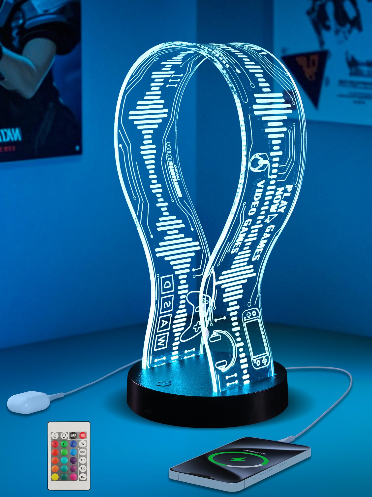 CoolGift Mart Light Up Headphone Stand with 16 Color Lights, Game Pattern Acrylic Headset Stand with 1 USB and 1 Type-C Charging Ports, Gifts for Gamers Men and Music Lovers-image-25