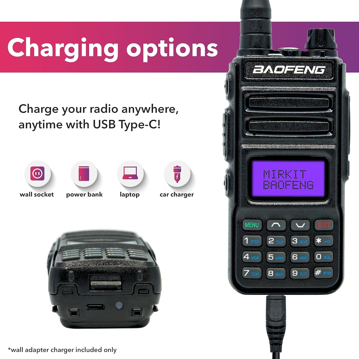 Mirkit TP8Pro radio being charged via USB Type-C from various sources