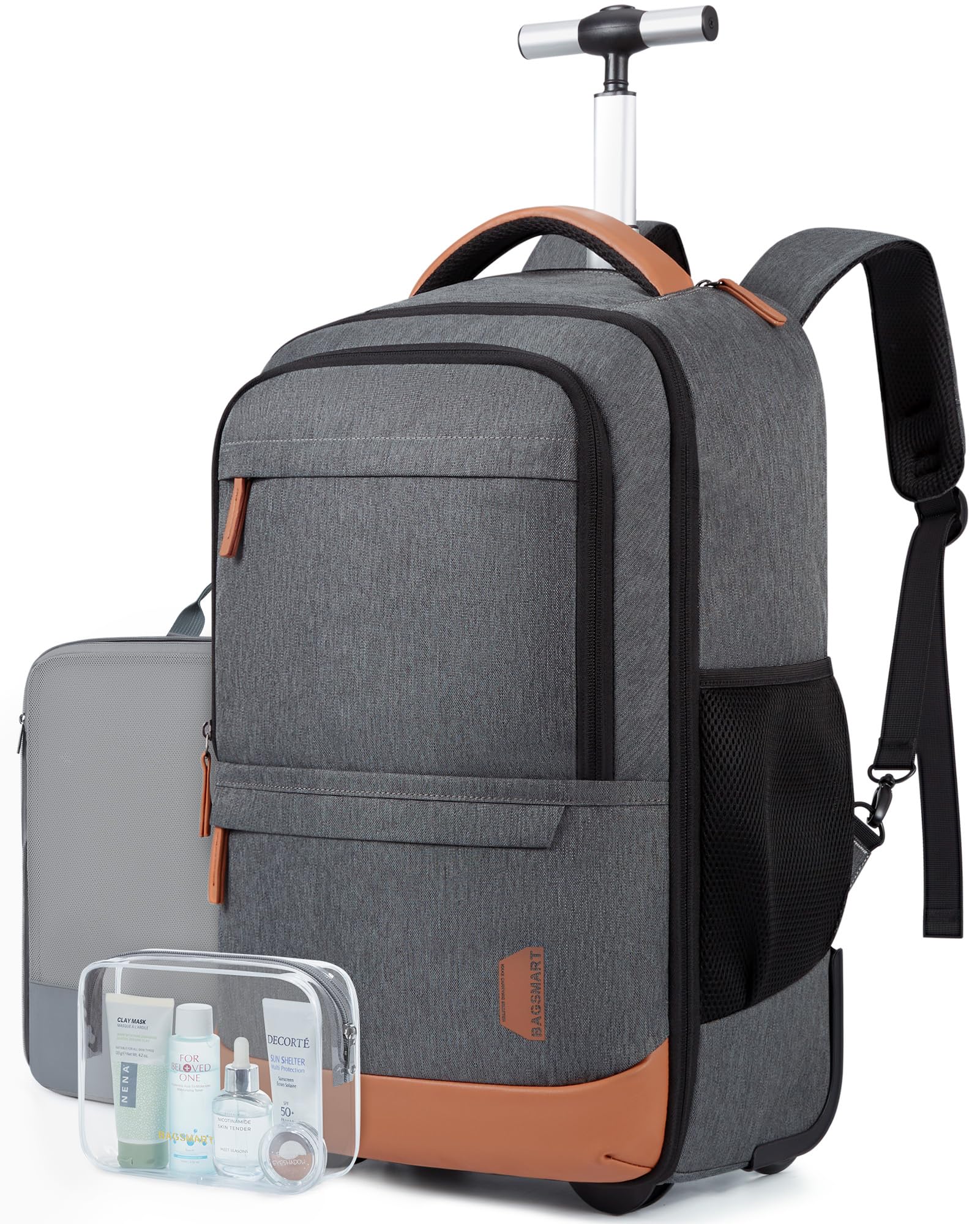 BAGSMART Rolling Travel Backpack,17 Inch Large Roller College Backpack Luggage Carry on with 2 Packing Cubes, Water-Resistant Travel Laptop Backpacks with Wheels for Adults, Gray