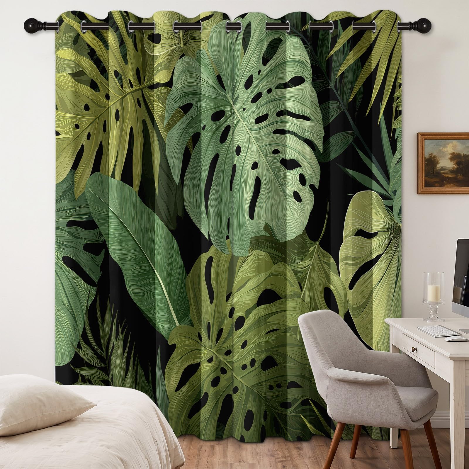 117 x 229 cm, zestaw 2 termicznych zasłon zaciemniających Tropikalna dżungla, rośliny monstera zachwycające, izolowane zasłony okienne, tłumiące hałas i światło, miękka i elegancka tkanina do salonu