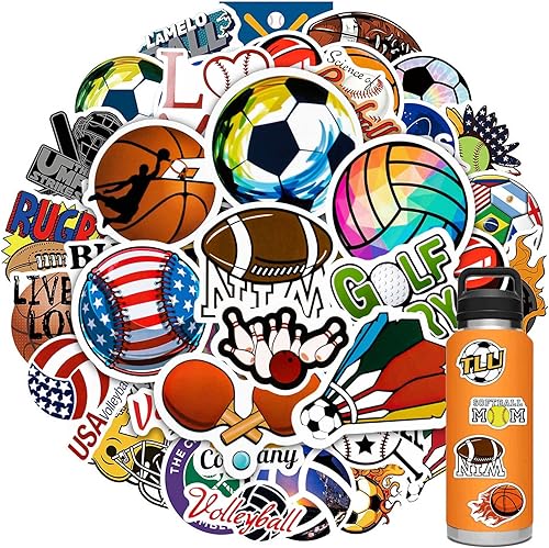 100 calcomanías deportivas para botellas de agua, varias calcomanías temáticas deportivas incluyen fútbol, baloncesto, sóftbol, voleibol, béisbol,