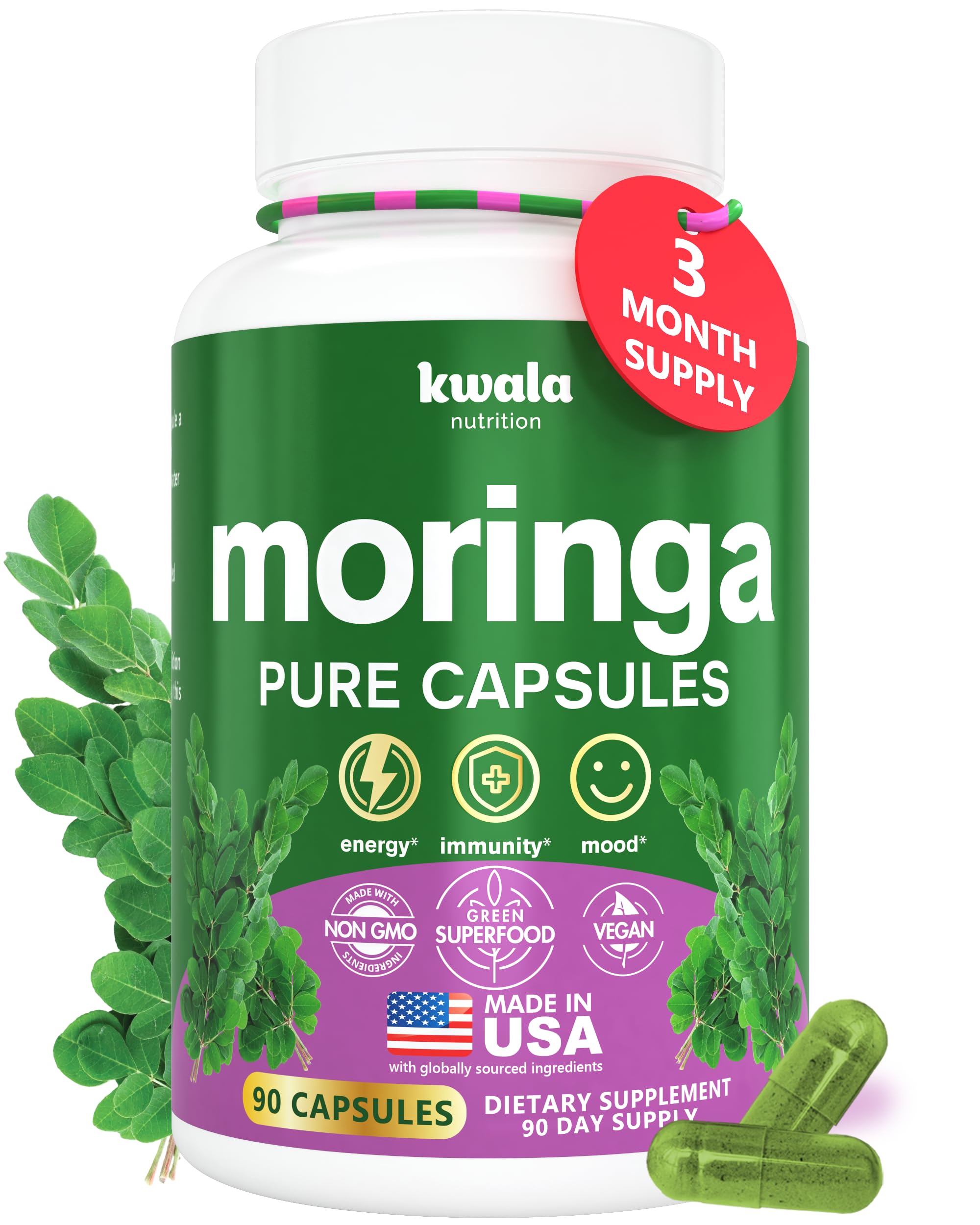 Moringa Capsules for Energy & Mood - Pure Moringa Powder Supplement - Made in USA - 3 Month Supply - 90 Capsules