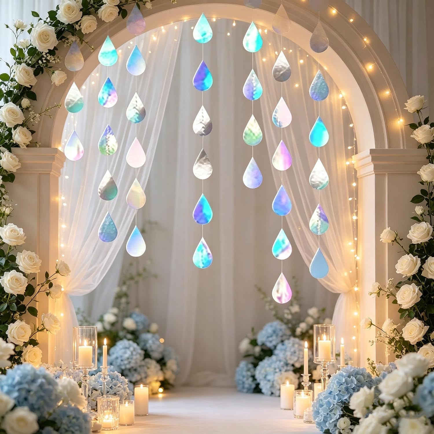 Iridescent Raindrop Garland, 30ft Holographic Hanging Water Drop Decorations for Baby Shower, Rain Themed Party, Weather Themed Birthday, Under The Sea Party, Nursery Room Wall Décor