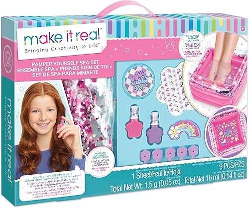 Make It Real: Juego de spa Pamper Yourself - 9 piezas, baño inflable brillante para pies y accesorios, esmalte de uñas y arte, preadolescentes,