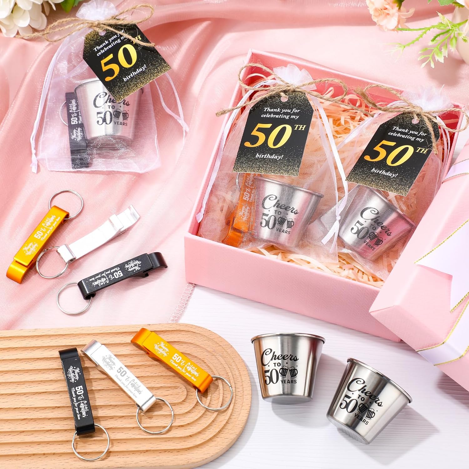 Domensi 30 Sets 50th Birthday Party Favors for Guests Bulk Include Cheers to 50 Years Short Cups Beer Bottle Opener Keychains Thank You Cards with Gift Bags and Ropes for Birthday Party Gifts