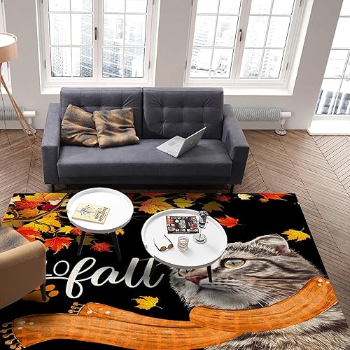 Miniatura 4 de Large Indoor Runner Rug 2' 7" x 5', Hello Fall Non-Skid Accent Area Carpet, Thanksgiving Cat Red Orange Maple Leaf Classic Black Washable Area Rug