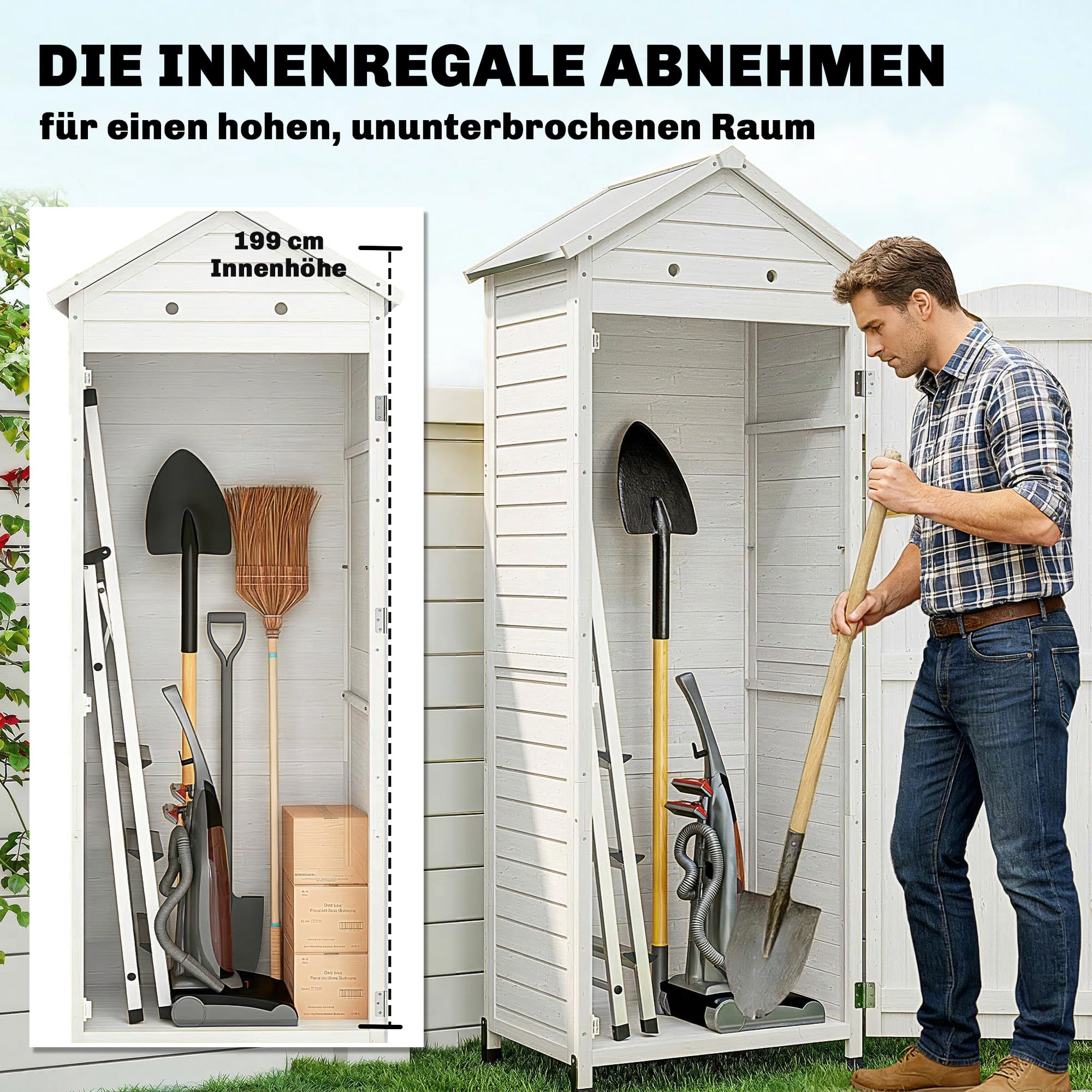 Outsunny Armario de jardín de madera extraalto con estante ajustable, puerta galvanizada, techo, ventilación, protección antivuelco, 85 x 58 x 213 cm, para jardín, terraza, color blanco