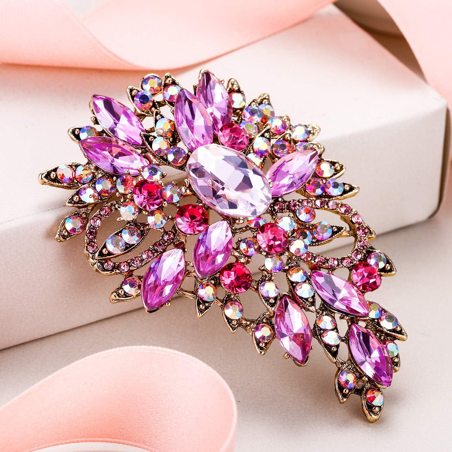 Ever Faith Women's Marquise Austrian Crystal Wedding Flower Leaf Bouquet Brooch Pink Gold-Tone - Image 3