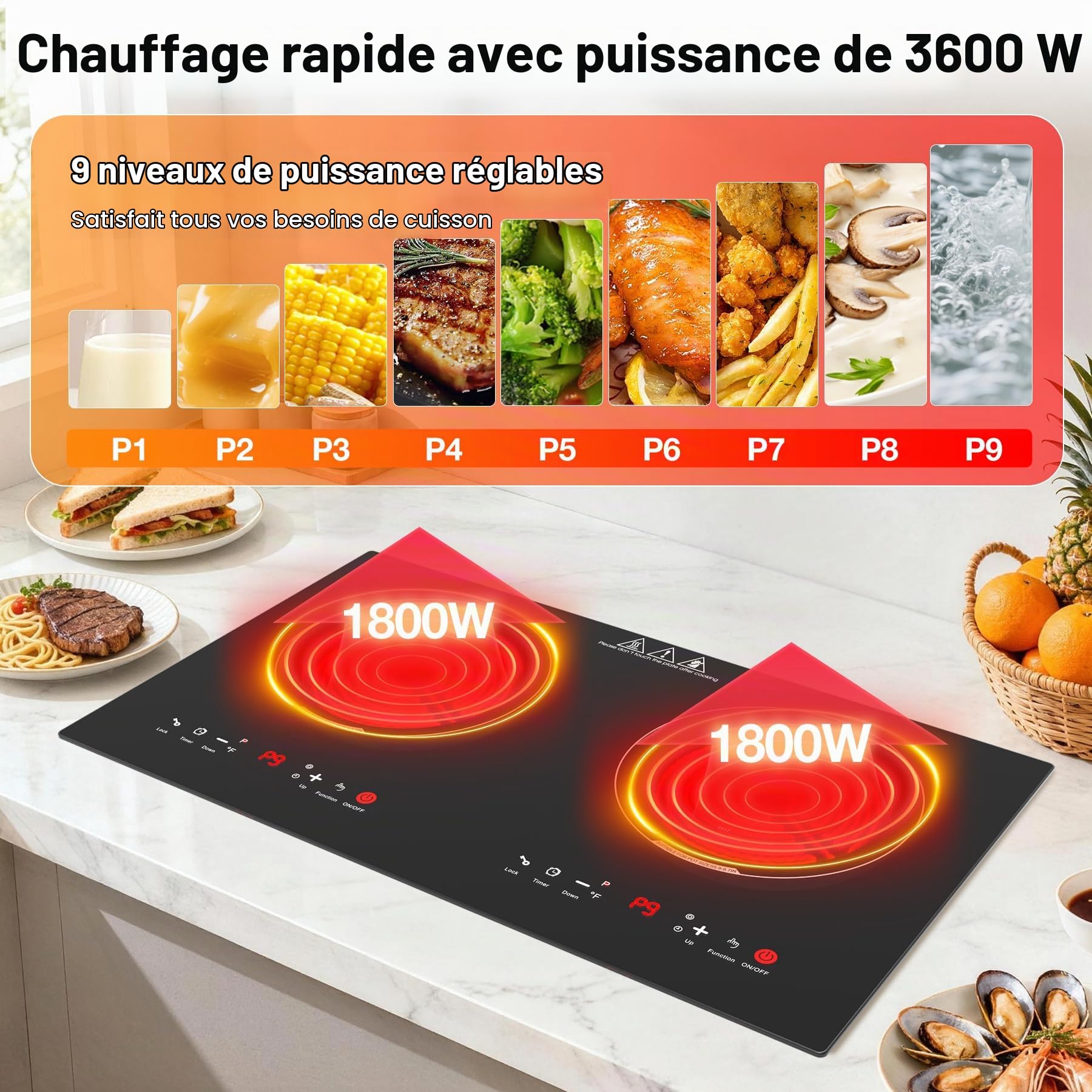 WABK Plaque Vitrocéramique 2 Feux 3600W, Plaque de Cuisson Électrique 60 cm | Encastrable ou à Poser, avec 9 Niveaux et Minuterie, Compatible Tous Récipients, pour Cuisine, Studio et Appartement