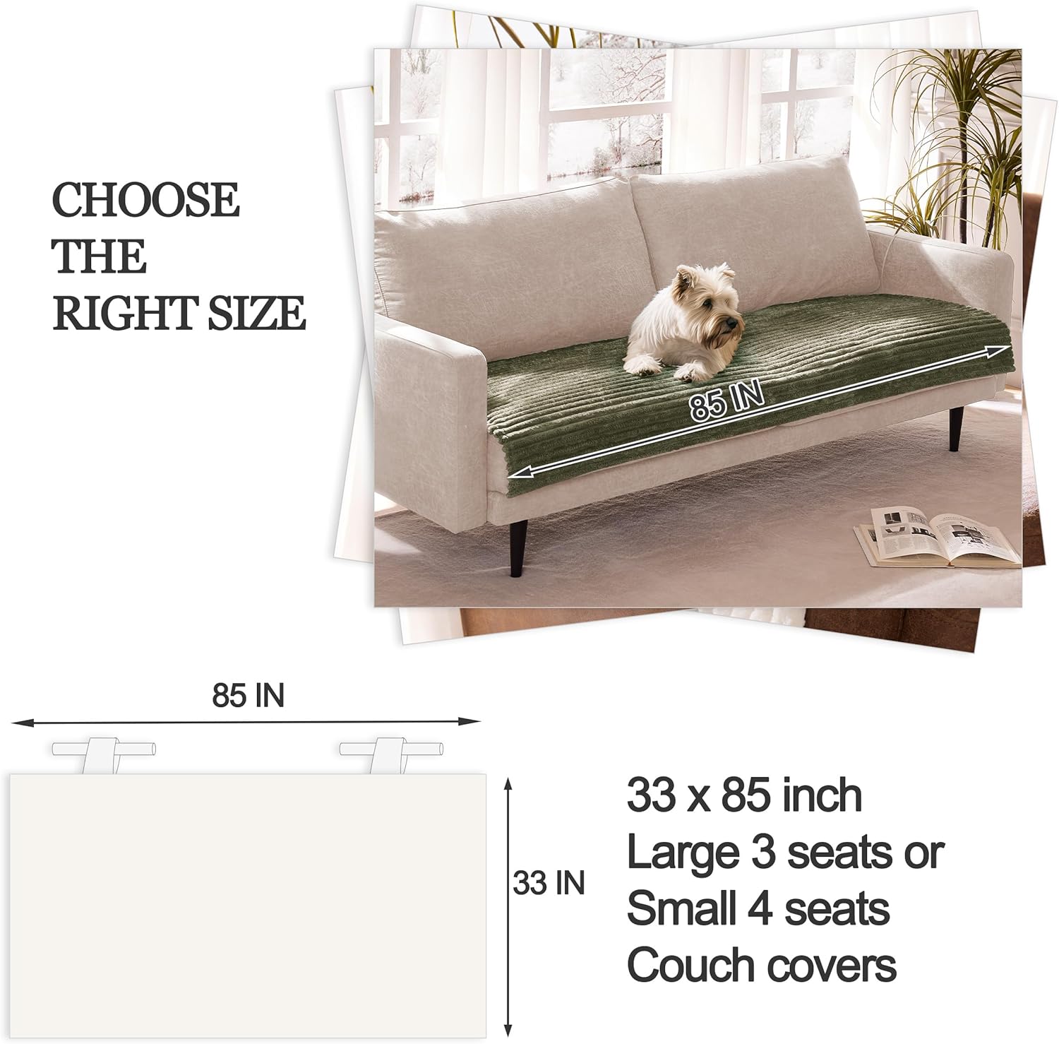 Dual Non-Slip Couch Cover for Dogs Waterproof, Fuzzy Soft Pet Couch Covers for Sofa 3 Cushion, Pet Friendly Soft Dog Bed Covers Sofa Cover Washable (Sage Green, 33" x 85" 1 Pack)