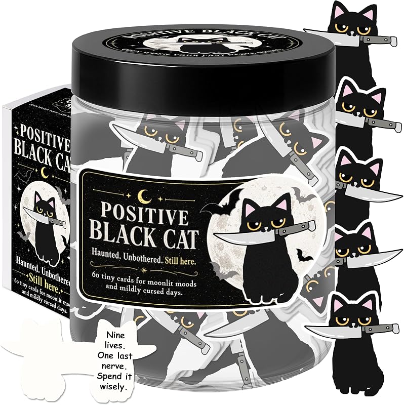 Pote de cartas com gato preto KATINAT, 60 cartões de humor sombrio, para Halloween