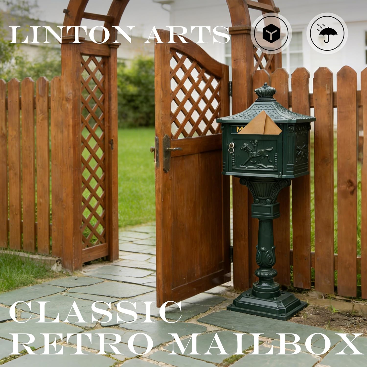 Vintage Cast Aluminum Mailbox with Post, Lockable Heavy Duty Metal Mailbox for Outside House, Decorative Classic Retro Mailbox with Anti-Theft Lock for Garden, Patio, Villa