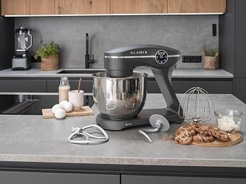 Klamer Food Processor 1800 W Kneading Machine Bread Dough with 6 L Stainless Steel Bowl 10 speeds and timer planetary mixer dough hook flat stirrer and whisk transparent viewing lid
