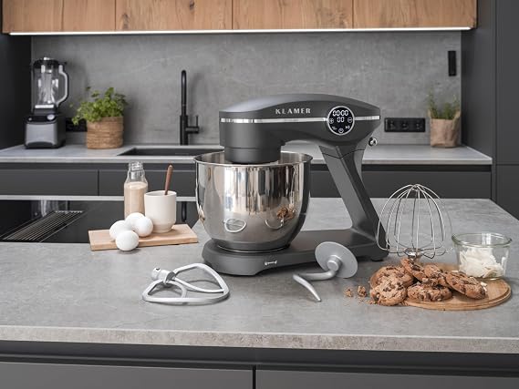Klamer Food Processor 1800 W Kneading Machine Bread Dough with 6 L Stainless Steel Bowl 10 speeds and timer planetary mixer dough hook flat stirrer and whisk transparent viewing lid