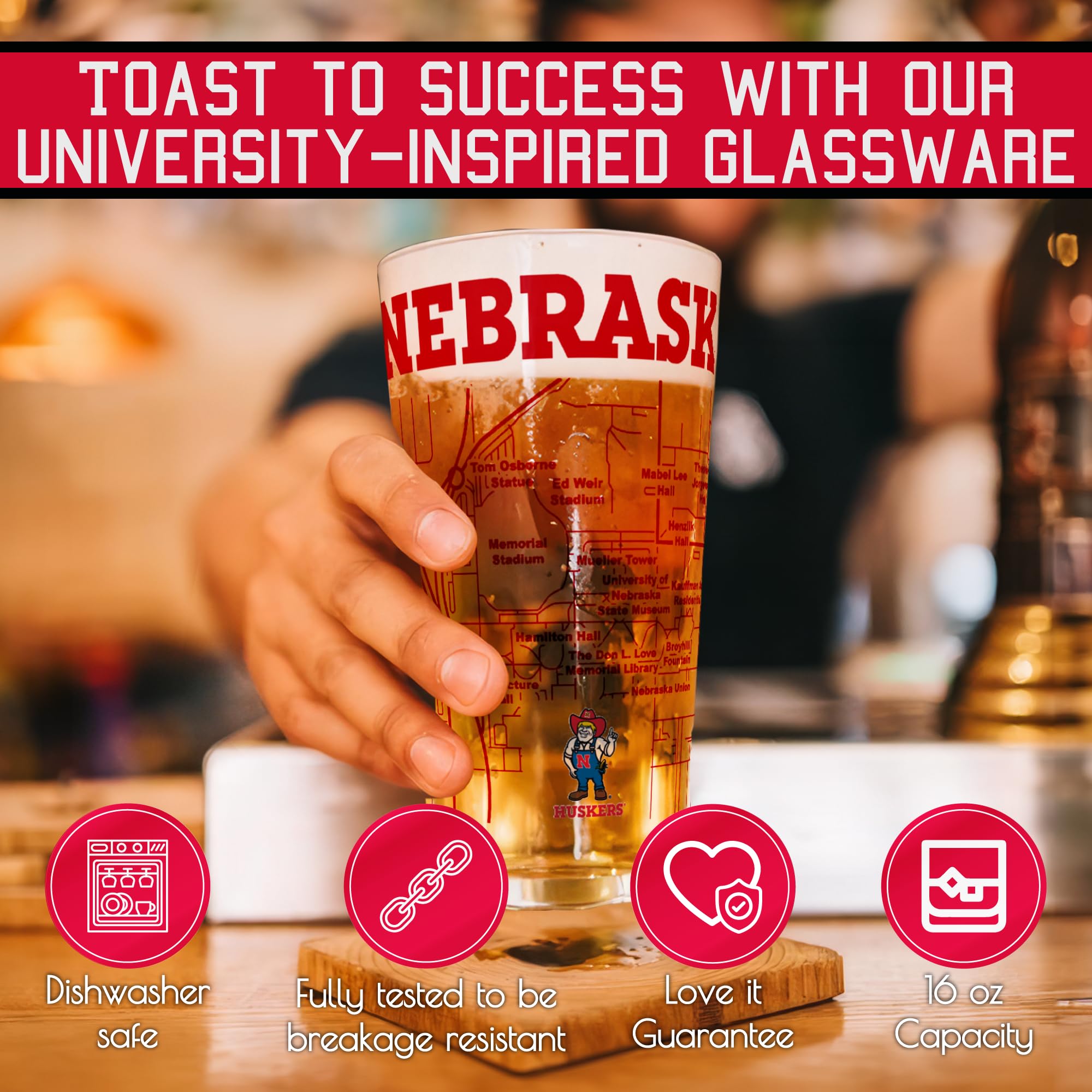 Greenline Goods University of Nebraska Pint-Gläser, 2 Stück, enthält farbiges Nebraska Huskers-Logo und Campus-Karte, Huskers Geschenkidee für College-Absolventen und Alumni, College-Glaswaren