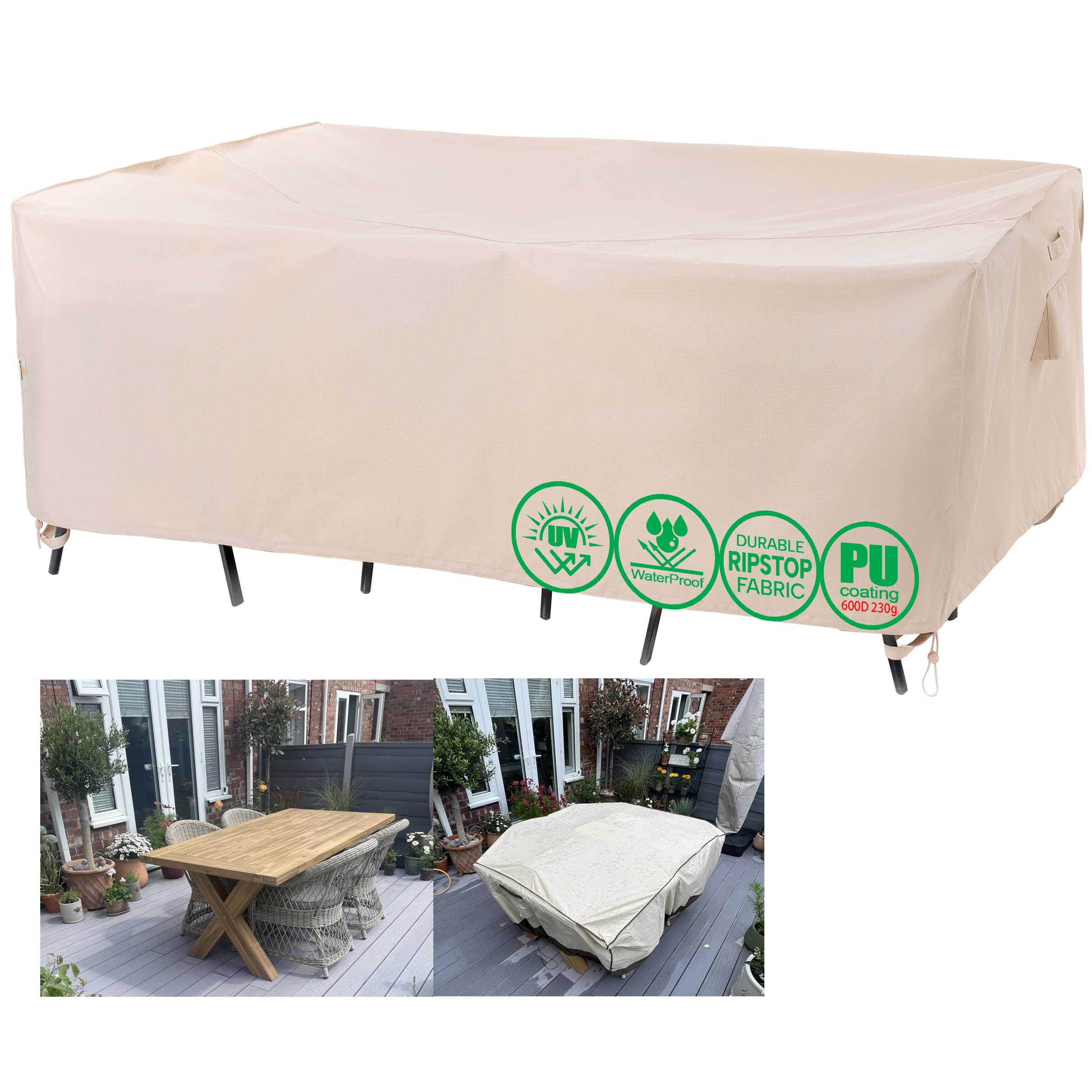 F&J Outdoors Garden Furniture Covers Waterproof Patio 6 Seater Table and Chairs Cover Weather resistant Against Rain and Snow Heavy Duty for Winter Storage Summer Sun Protection 218x112x70cm Beige — image 1
