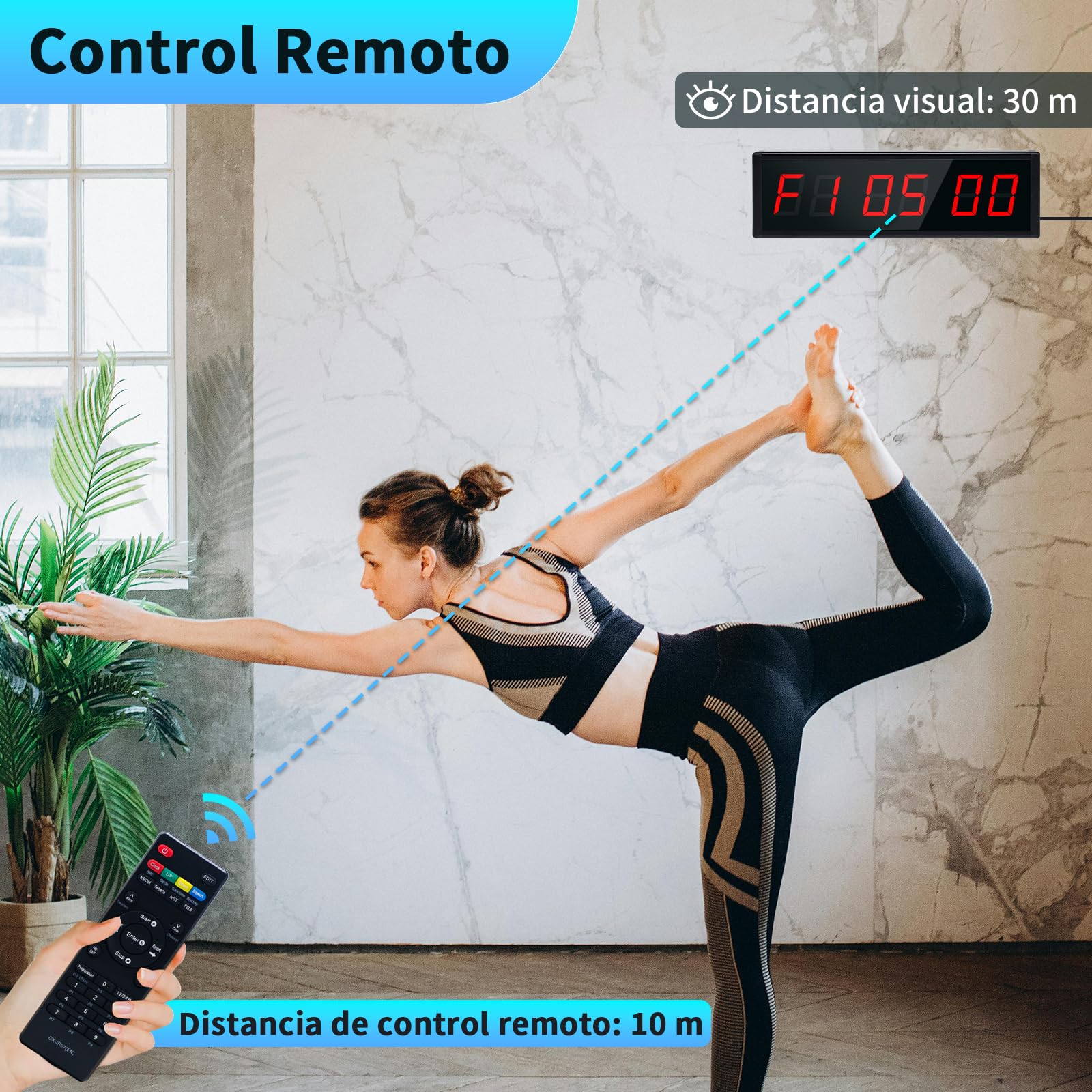 Gym Timer, Reloj de Pared Digital 12/24H con Botón Inalámbrico de Inicio/Parada, Cronometro, Temporizador Digital con Mando a Distancia, Cronometros Deportivos para HIIT/Tabata/FGB(1 botón)