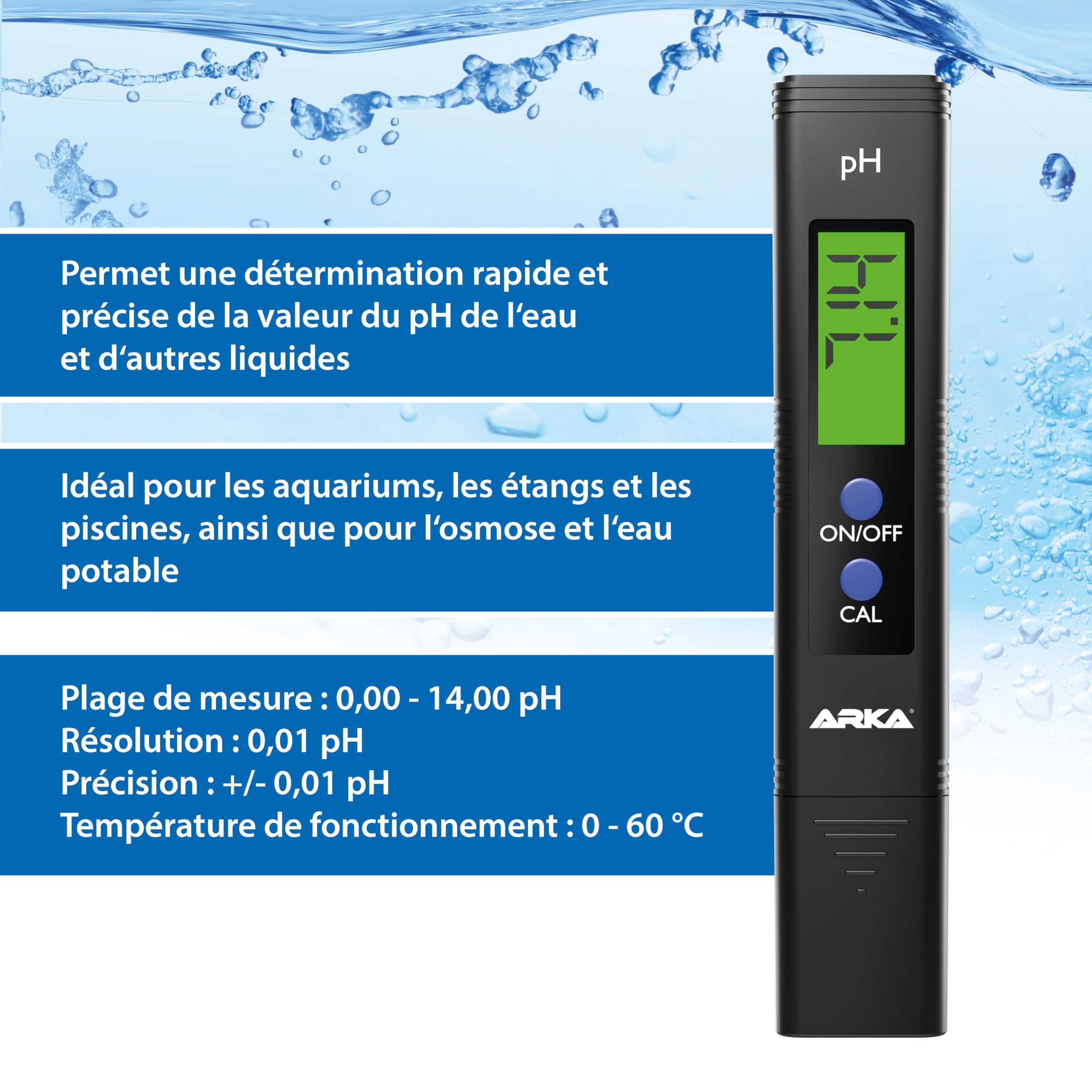 ARKA Testeur pH Digital Eau myAQUA pH-Mètre précis 0.00–14.00 – calibré en Usine + Poudre d’étalonnage – pour Aquarium, Osmose, Piscine, Jardin & labo – Compact & fiable