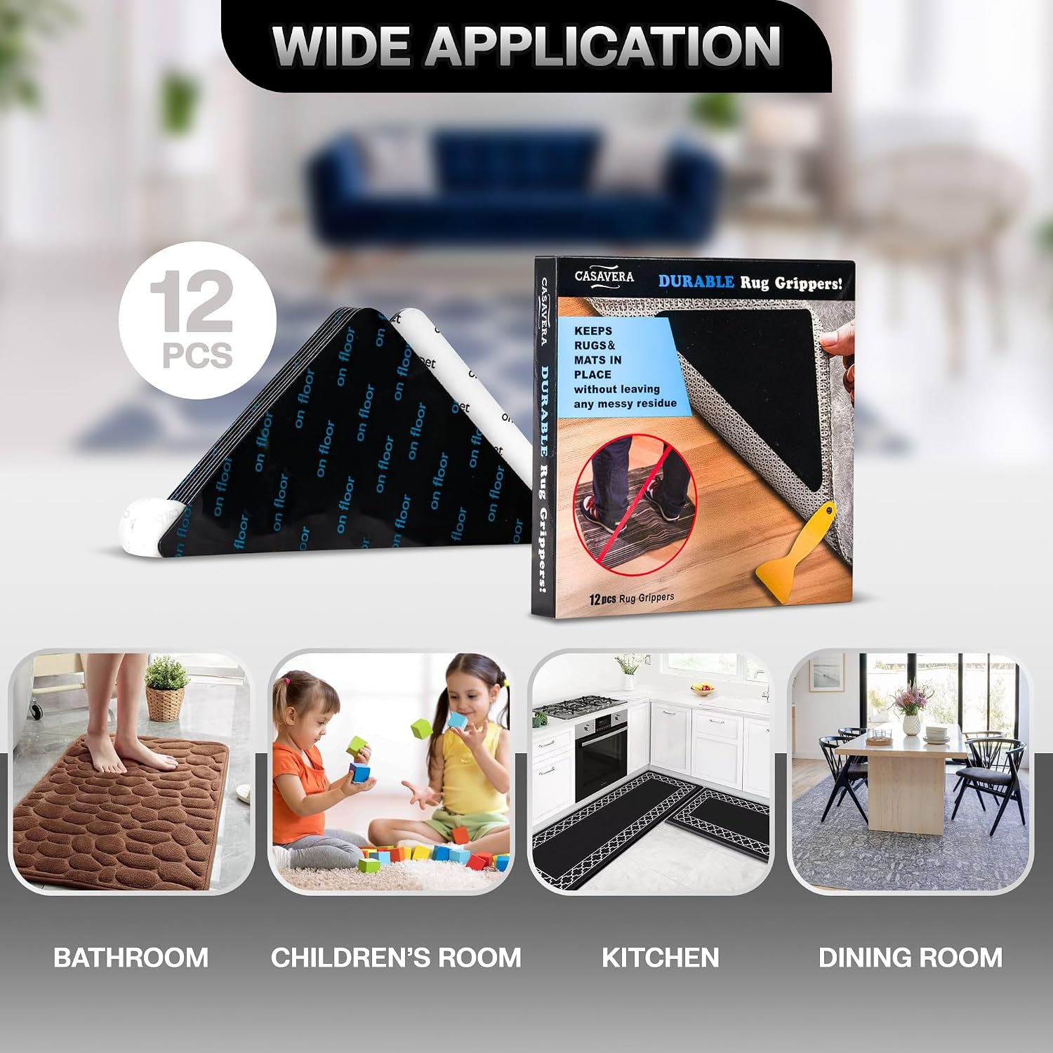 CASAVERA 12 Pcs Rug and Carpet Tape Grippers, Non-Slip, for Hardwood and Tile Floors, Durable Double-Sided Tape for Area Rugs, Adhesive Rug Stickers to Keep Corners Secure (Black)
