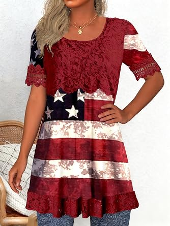 Mathea Plus Size Women's Short Sleeve Crew Neck Graphic Star Printed Lace T Shirts Casual Independence Day Pockets Tops Red